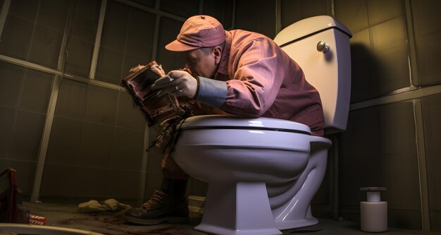 Relaxing on the throne a bearded man in a baseball cap takes a seat on the toilet generative ai