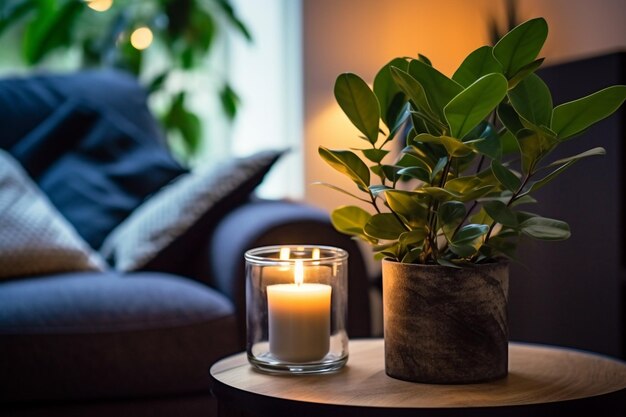 Foto tempo di rilassamento a casa di conforto con candele e vaso con zamioculcas a tavola di legno