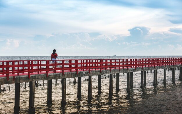 Relaxing travel on red bridge on ocean in summer set