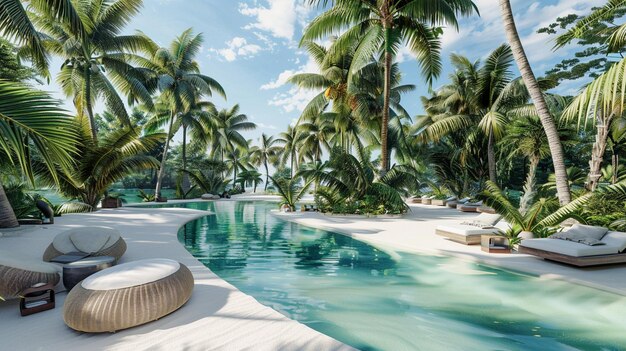 Relaxing Tropical Poolside Scene with Palm Trees and Lounge Chairs