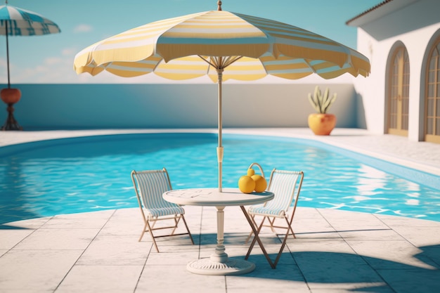 Relaxing tropical swimming pool and beach chairs in blue tones AI Generation