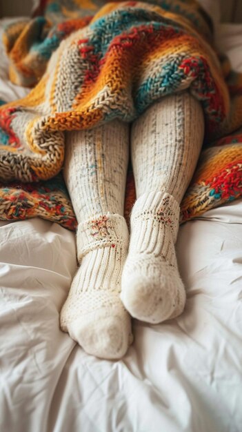 Relaxing warmth legs covered in leggings and wool socks under blanket Vertical Mobile Wallpaper