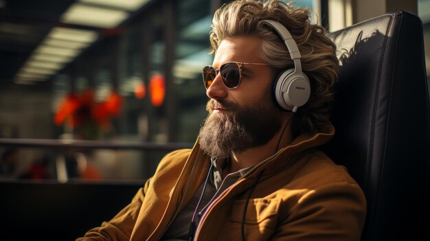 Relaxing with Music A Man Enjoying His Headphones and His Posture