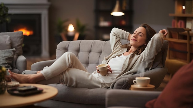 Relaxing woman sitting comfortable in sofa lounge chair at home