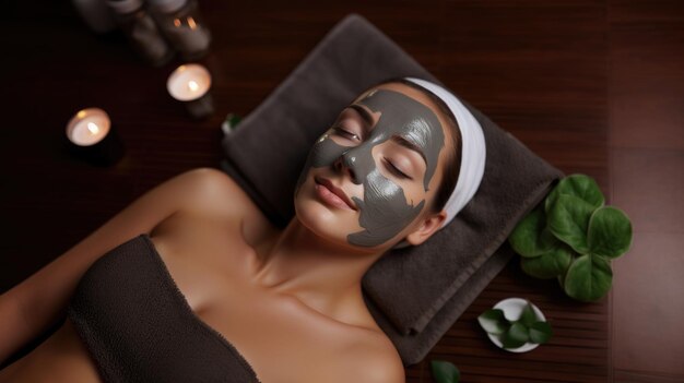 Relaxing woman in spa salon face covered in cream getting a facial massage Generative ai