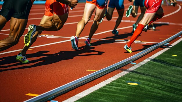 Relay runners passing batons on track