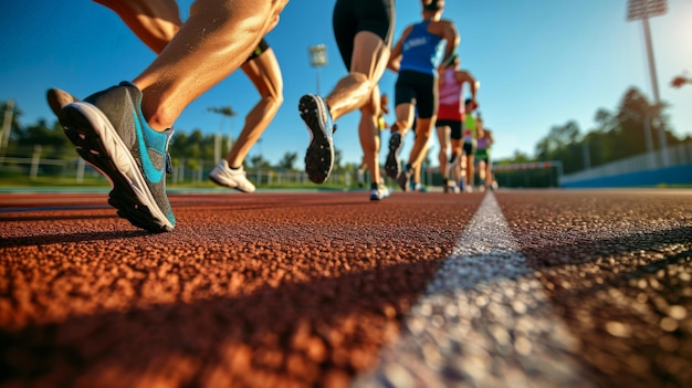 Relay runners passing batons on track