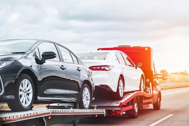 Reliable Towing and Recovery Services 247 Assistance for Vehicle Breakdowns and Accidents Emergency roadside assistance on the highway side view of the flatbed tow truck