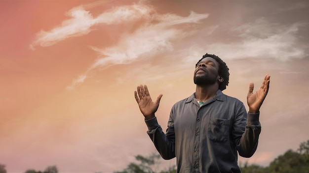 Relieved man thanking god looking up sky grateful