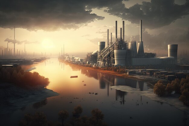 Relieving image of developed city against background of river view industrial modern