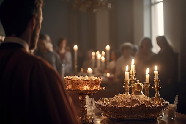 Religieus feest van Corpus Christi Heilige communie in de kerk Heilige priester nemen Mis vieren in de kerk Beker met rode wijnbrood Eucharistie Christen Katholiek bidt heilige graal