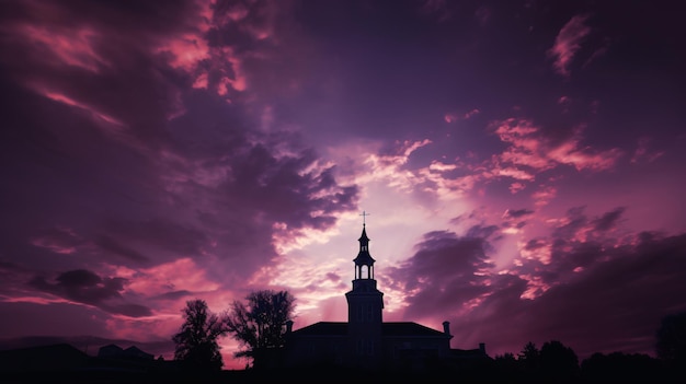 Religieus gebouwsilhouet tegen blauwpaarse wolken