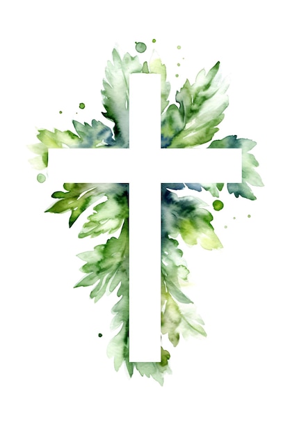 Religieus kruis met groen verlaat frame bloemen decor aquarel verf splash kunst verf illustratie Generatieve Ai