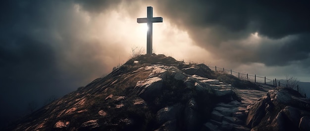 Religieus symbool van het christelijk geloof is kruiskruisiging op de top van de berg Generatieve AI-illustratie