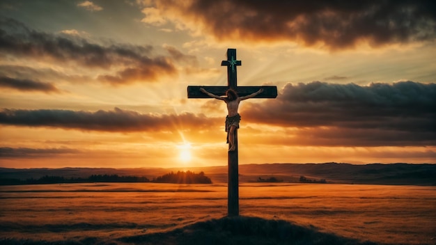 Religieuze concepten Christelijk houten kruis op een achtergrond met dramatische verlichting Jezus Christus