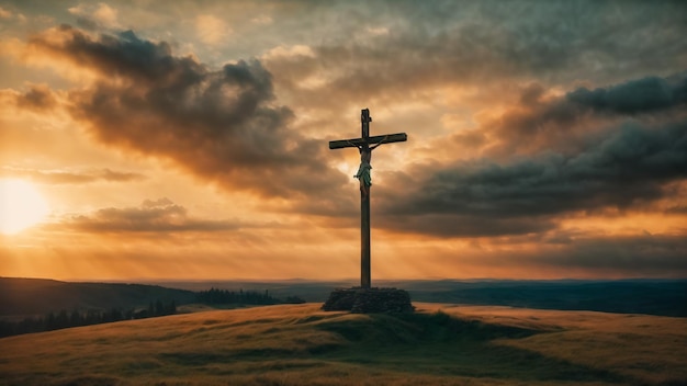 Religieuze concepten Christelijk houten kruis op een achtergrond met dramatische verlichting Jezus Christus