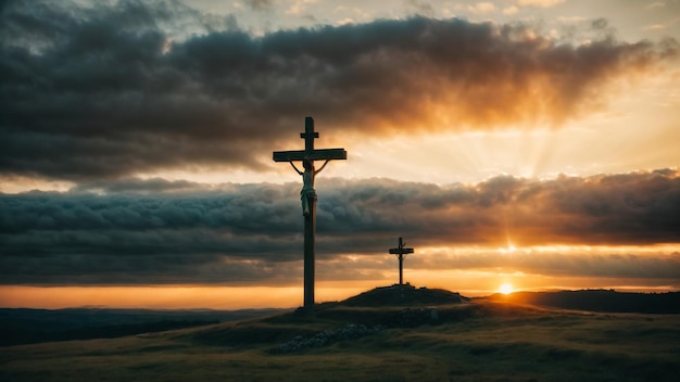 Religieuze concepten Christelijk houten kruis op een achtergrond met dramatische verlichting Jezus Christus