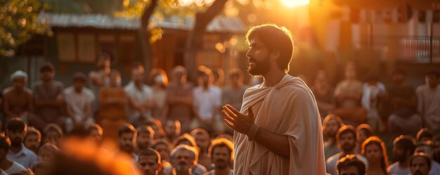 Religieuze figuur die zich tot een groep richt in de schemering in de buitenlucht met het publiek Concept Religieuze bijeenkomst Schemering Outdoor adres Gemeenschapsevenement Spirituele bijeenkomst