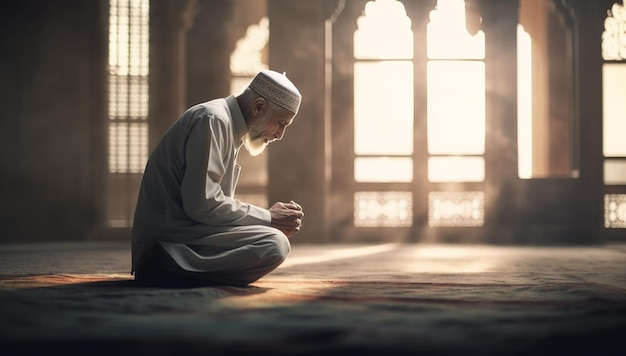 Religieuze moslim man bidden in de moskee Islamitisch gebed Oude man op zijn knieën bidden op hte