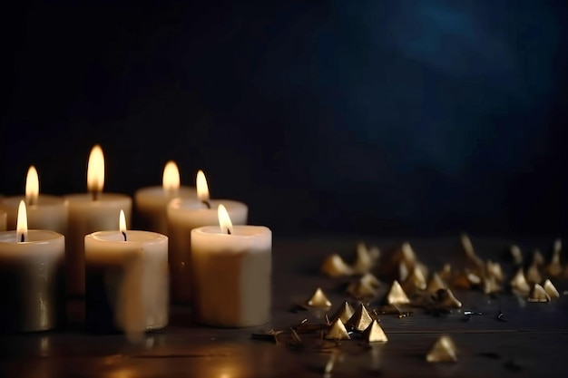 Religion image of jewish holiday of light hanukkah on black background with burning candles ai