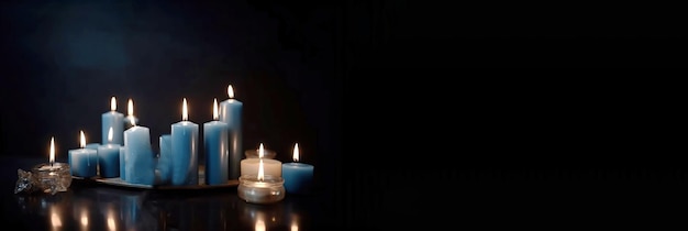 검은 배경에 불타는 촛불이 있는 유대인 명절 하누카의 종교 이미지 AI가 생성한 텍스트 복사 공간이 있는 배너 헤더