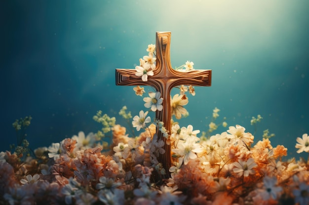 나무 십자가 와 봄 꽃 을 가진 종교적 배경