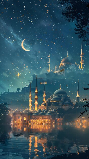 religious blue color eid background design with mosque