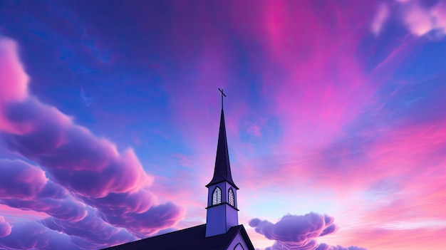 Religious building silhouette against blue purple cloud filled sky