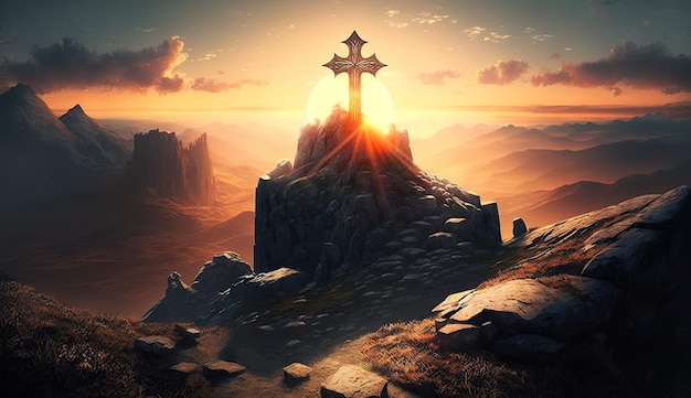 Religious christian cross crucifixion on top of mountain at sunset Generative AI illustration