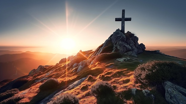 Religious christian cross crucifixion on top of mountain at sunset with sun rays Generative AI illustration