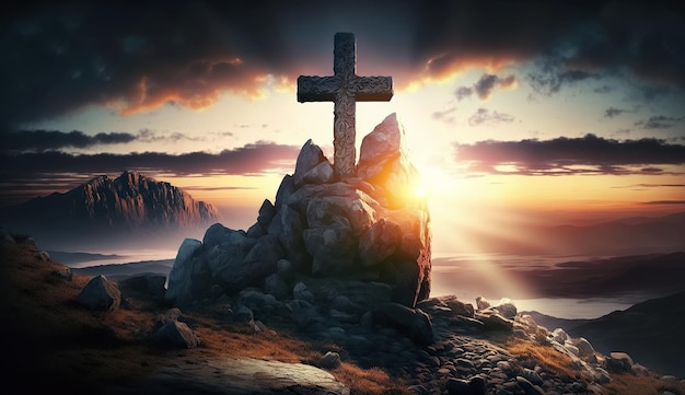 Religious christian cross crucifixion on top of mountain at sunset with sun rays