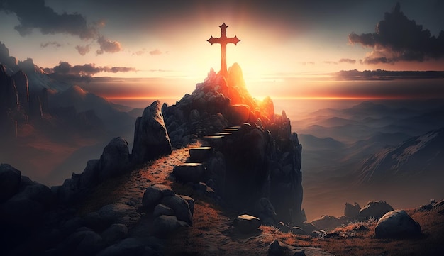 Religious christian cross crucifixion on top of mountain at sunset with sun rays