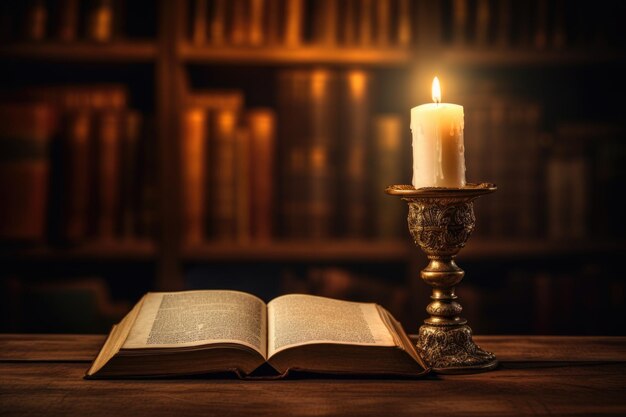 Religious Concept Candle Bible and Golden Background