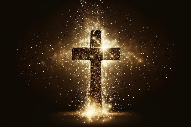 Religious cross, in abstract gold sparkles shimmering\
background, radiant lights