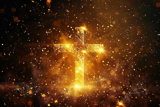 Photo religious cross in abstract wallpaper with gold sparkles and lights