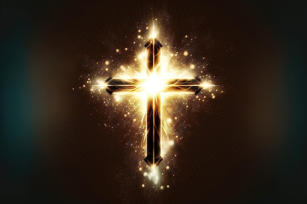 写真 輝く金色の輝きと輝く光を持つ宗教的な十字架の抽象的な壁紙天国の象徴