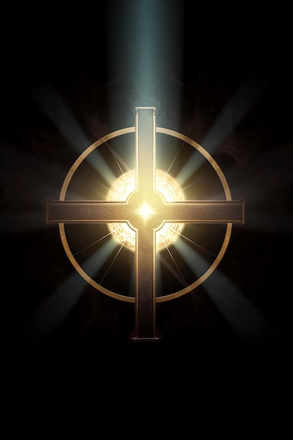 Religious cross abstract wallpaper with shining gold sparkles and radiant lights symbolism of heaven generate ai