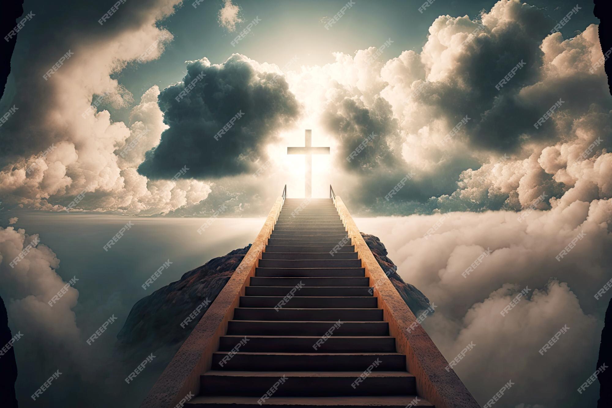 Image of a stairway to heaven with angels and a cross