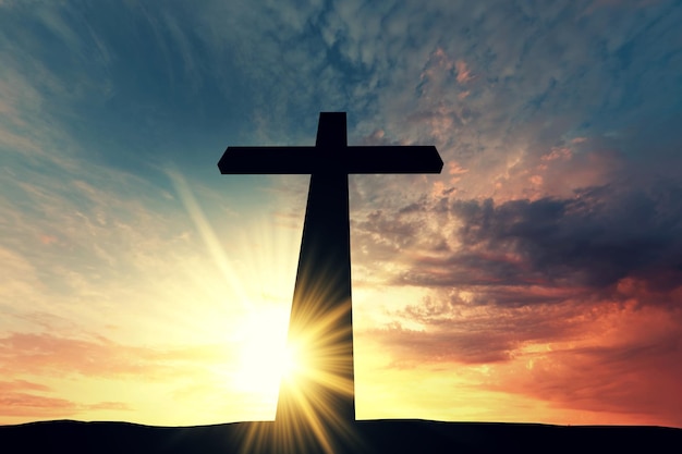 Religious cross silhouette against a bight sunrise sky 3D Rendering