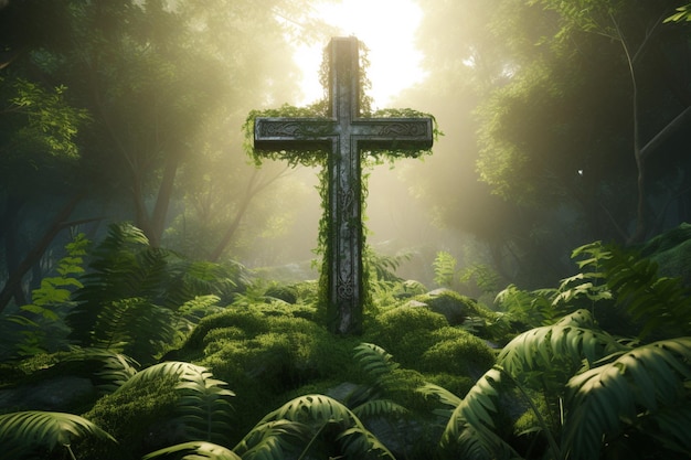 Photo religious cross surrounded by lush vegetation