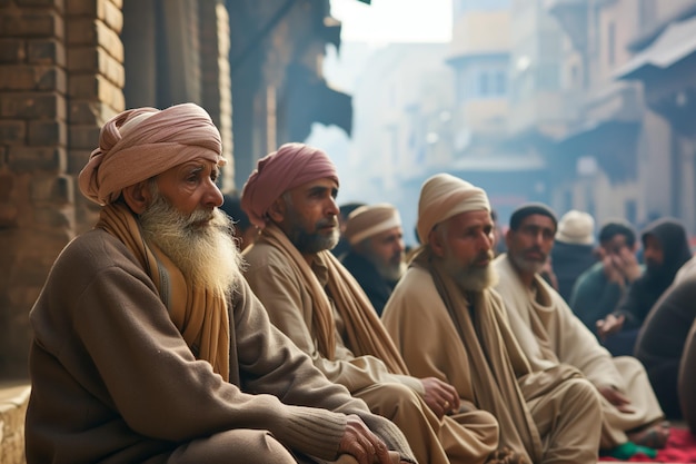 写真 伝統 的 な 服装 を 着 た 宗教 的 な グループ の 男性 たち が 都市 の 環境 で 集まっ て いる