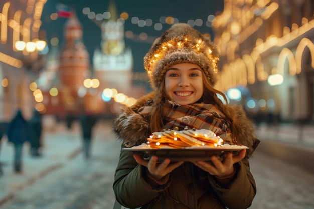 슬라브족 의 종교 축제 인 마슬레니차 여성 들 은 전통적 인 러시아 의 의상 을 입고 팬케이크 를 고 모든 사람 들 을 대접 한다