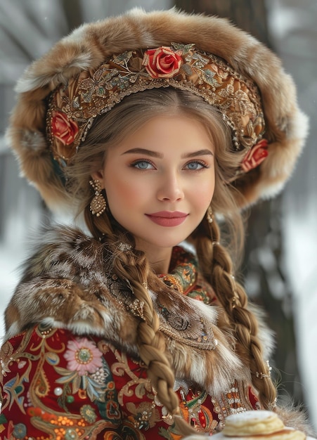 Religious holiday of the Slavs Maslenitsa Women dress up in traditional Russian costumes bake pancakes and treat everyone