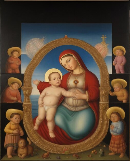 religious illustration depict holy Mary and Jesus newborn baby in baroque painting technique