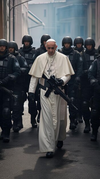 Photo religious leader walks through a crowd of soldiers