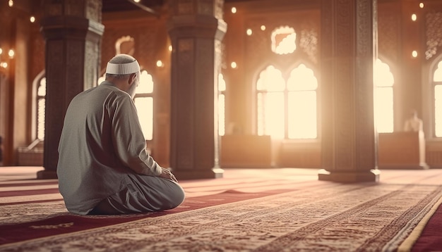 Religious muslim man praying inside the mosque Islamic prayer Old man on his knees praying on hte