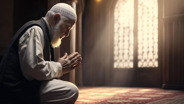 Religious muslim man praying inside the mosque Islamic prayer Old man on his knees praying on hte