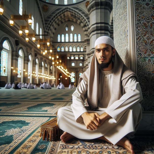 Religious muslim man praying inside the mosque