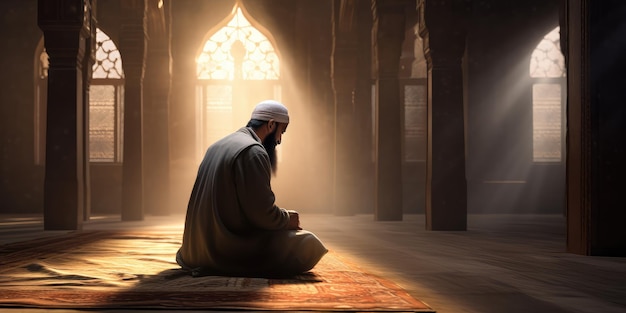 Религиозный мусульманский мужчина молится внутри мечети