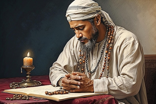 Religious muslim man praying with rosary beads